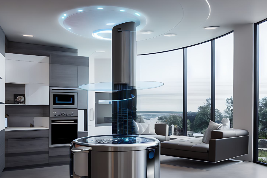 a futuristic house with various smart devices, appliances, and security systems integrated, with a voice assistant in the center of the image, surrounded by different devices and appliances, showcasing the use of voice control technology.